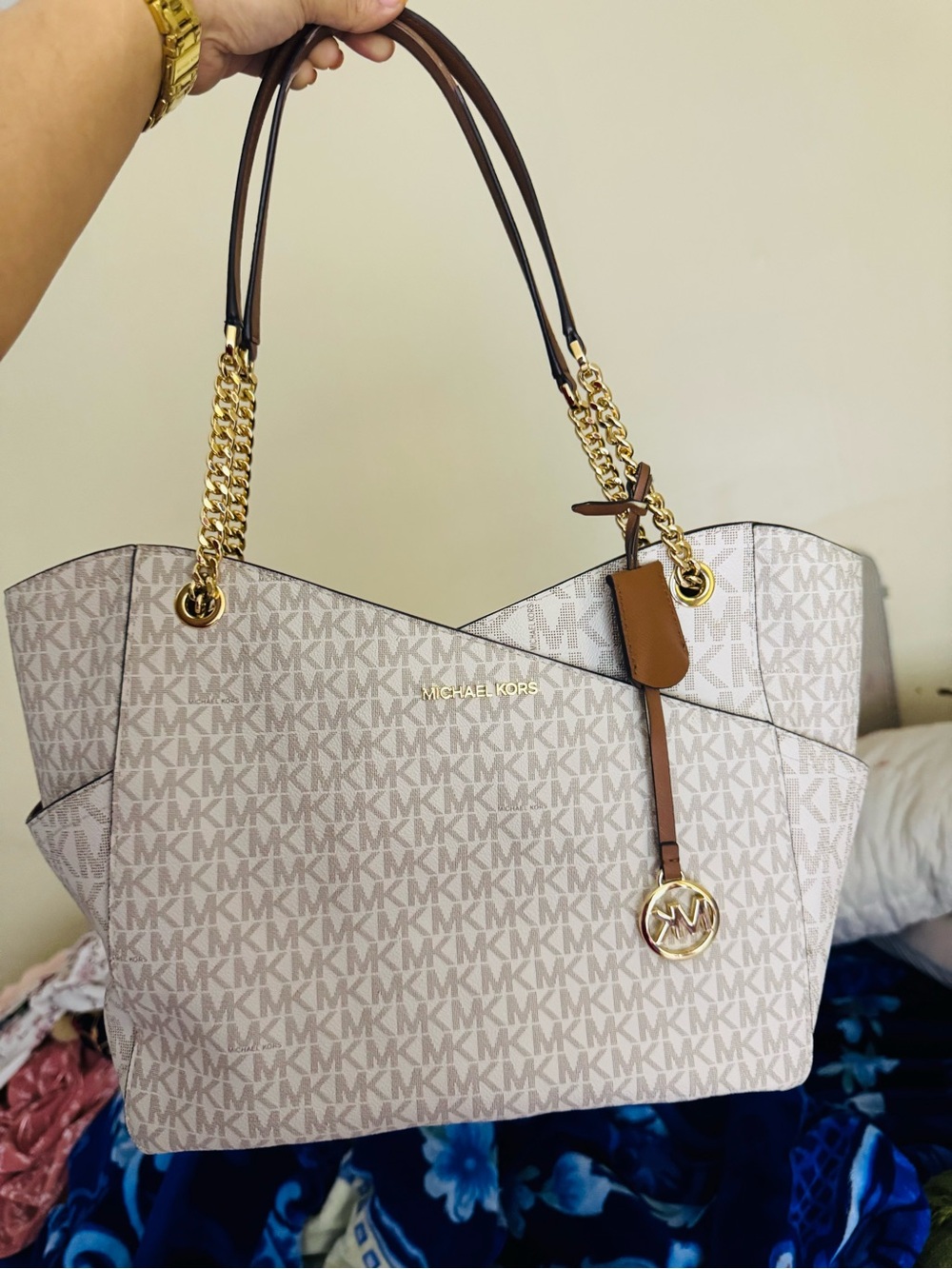 Michael Kors Beige and Brown MK Logo Chain-Handle Tote